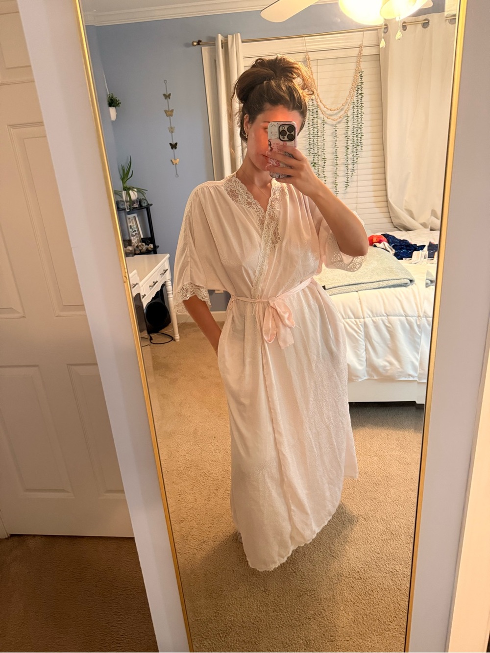 Dior Pale Pink Lace-Trim Long Wrap Robe
